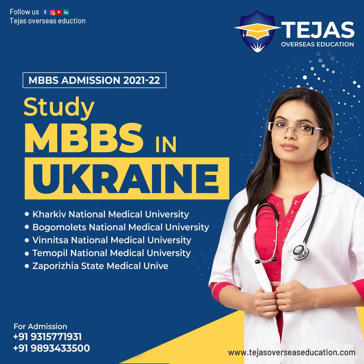 OverseasTejas's tweet photo. TEJAS OVERSEAS EDUCATION

Make your Dreams come true. Study MBBS in Abroad and Become a Doctor in 6 years!

✈️FMGE/NExT coaching is available in Top Medical Universities of Ukraine.

✈️ All Medical Universities in Ukraine are approved and recognized by the NMC
#studyabroad https://t.co/ip0aPicBjj