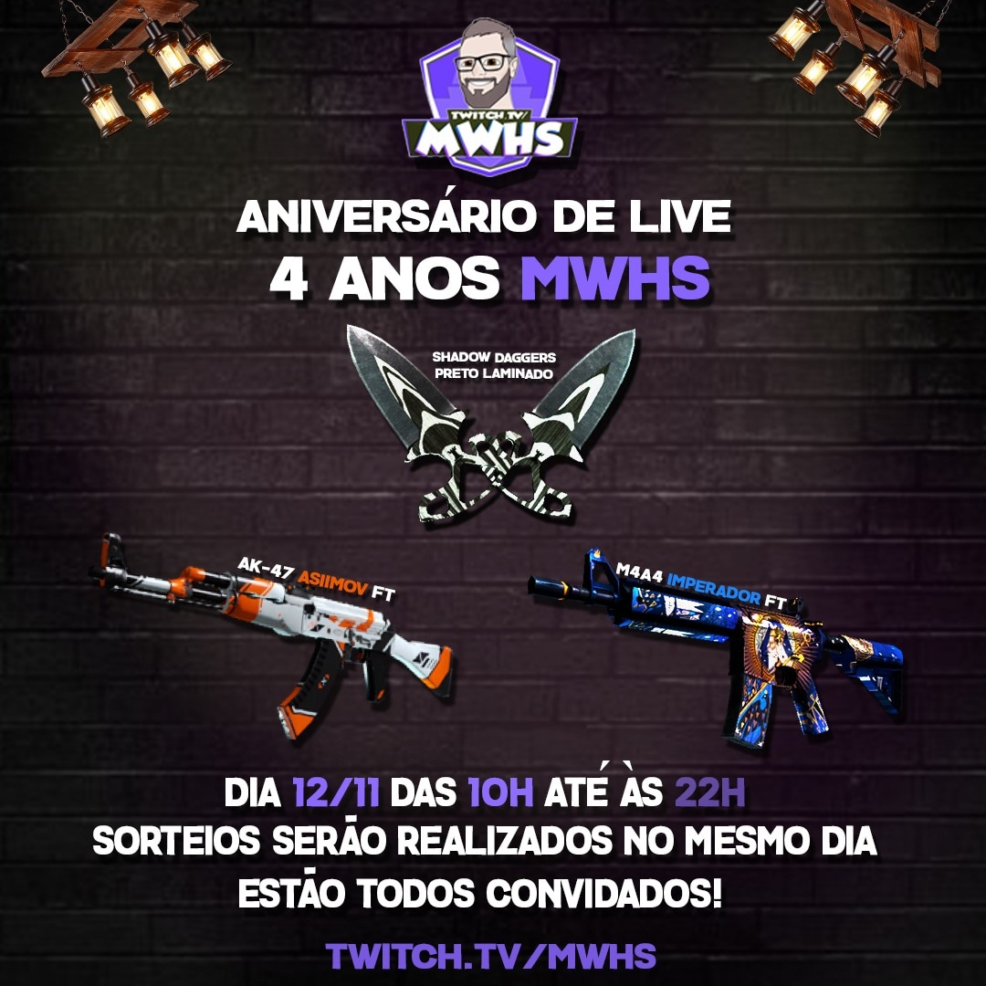 mwhscoach's tweet image. Hoje vamos comemorar 4 anos de live.
Vários sorteios gods rolando
1 faca shadow daggers 
2 m4a4 do imperador ft
3 ak asiimov FT
Pra concorrer a AK assimov
1️⃣Marque dois amigos na pub
2️⃣RT
3️⃣Seguir MWHS 
4️⃣Resultado  12/11
Acessem Twitch.tv/mwhs e comemore c a gente :)