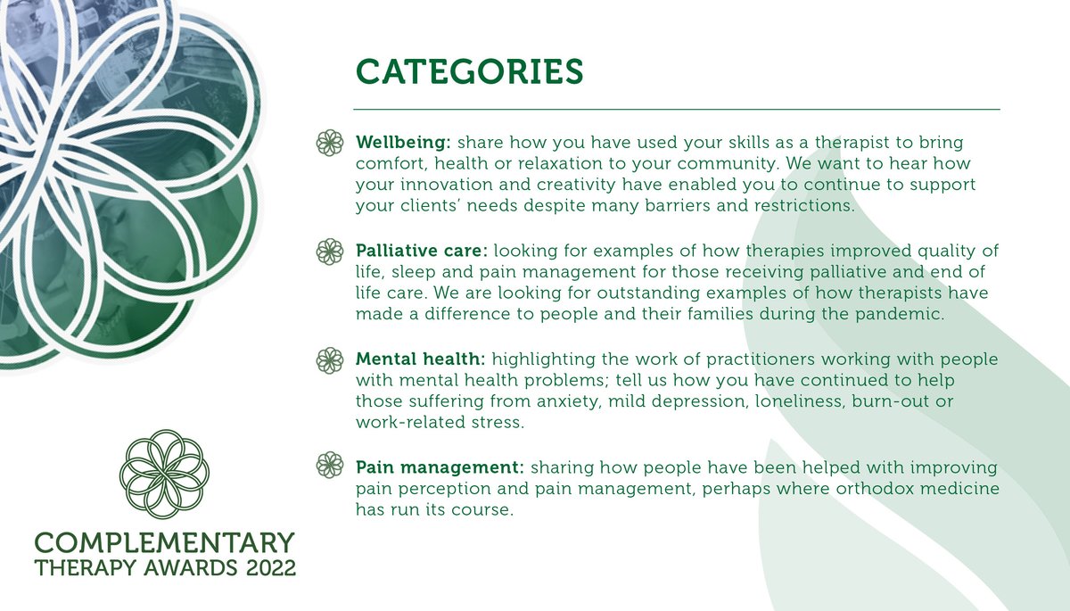 Still time to enter! Complementary Therapy Awards close on Mon 15 Nov - please share! complementarytherapyawards.co.uk
<a href="/Integrative_HC/">Integrative Health Convention</a> <a href="/CollegeofMed/">College of Medicine</a> <a href="/ukhealthradio/">UK Health Radio™</a>
<a href="/KDurjun/">Kevin Durjun</a> @hitchcock_paul @sirpauk <a href="/FHT_Org/">FHT</a>
<a href="/nacthpc/">NACTHPC</a> <a href="/FullCircle_Fund/">Full Circle Fund Therapies</a> <a href="/TheRCCM/">RCCM</a> <a href="/TheBAcC/">The British Acupuncture Council (BAcC)</a> <a href="/BritishHolistic/">BHMA</a> 
 #CompTherapyStars