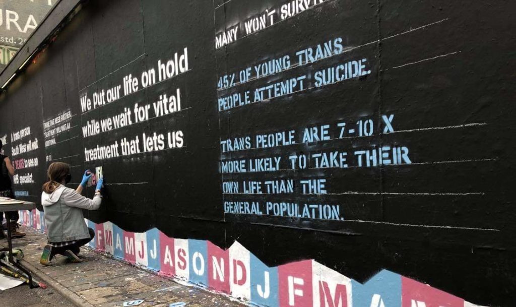 lvndrhealth's tweet photo. Transgender people are not asking for the world, they are not asking for special treatment... but the longer this fight proceeds, the more individuals we lose along the way.

Mural by: CJ and friends, in consultation with members of Transcaf and a local LGBTQI+ youth group. https://t.co/TjpBW0ZGB0