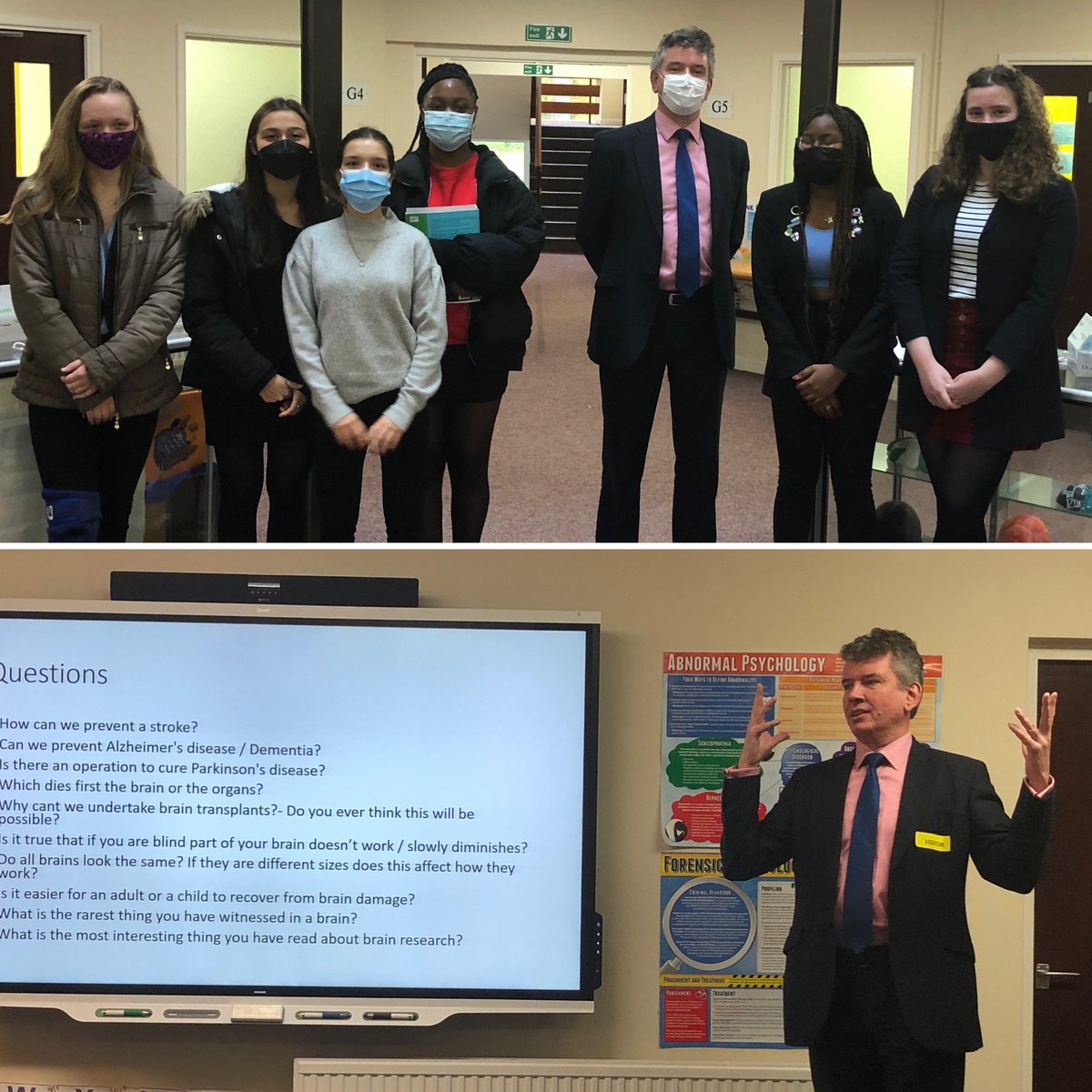 QueenswoodSch's tweet photo. Today Year 13 Psychologists had the opportunity to quiz Dr Richard Perry, consultant neurologist at University College London Hospitals. An expert in hyperacute stroke care and visual processing in the human brain, Dr Perry answered a wide range of questions about biopsychology. https://t.co/tu6NZ6jS2D
