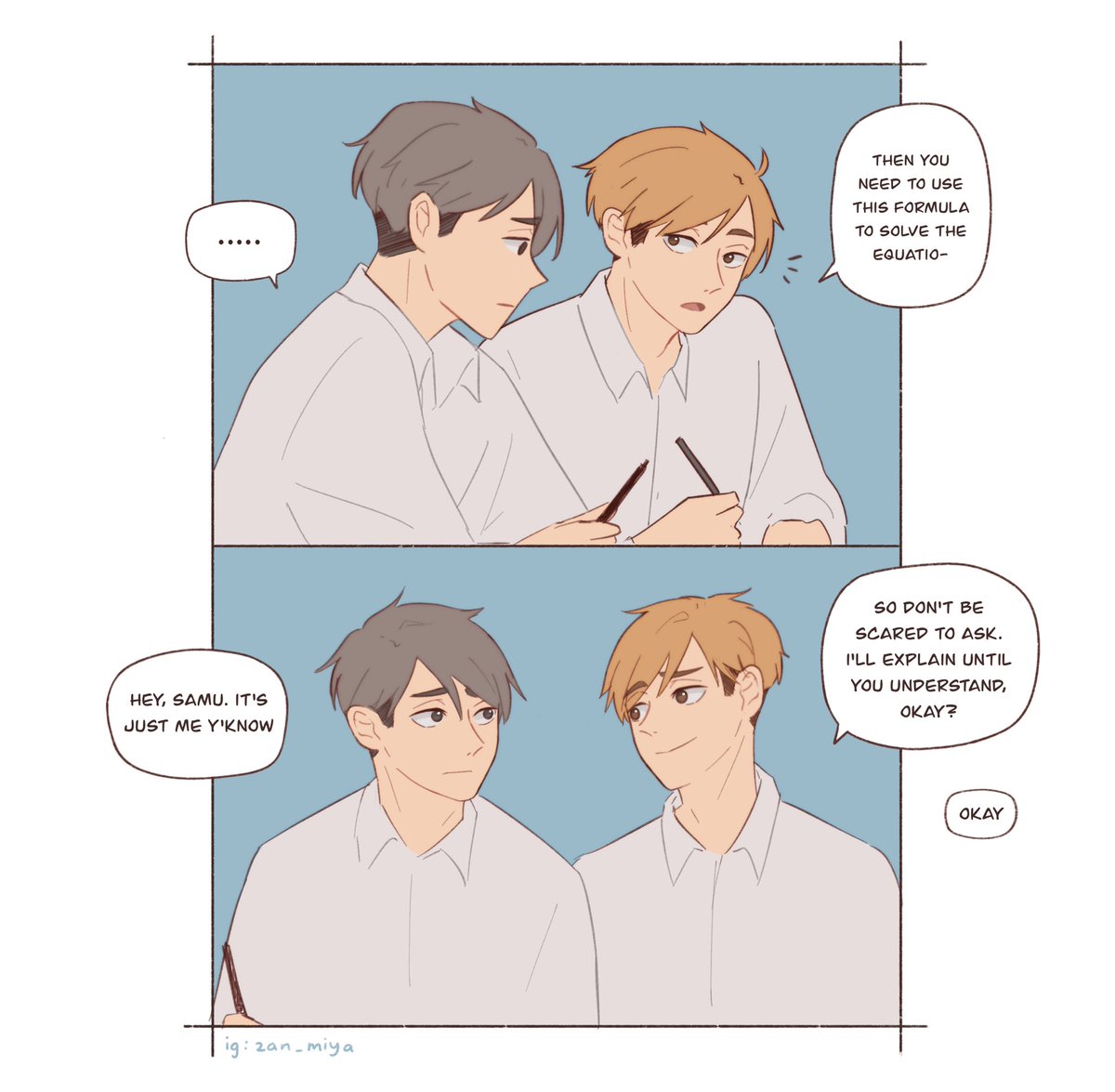 osamu isn't very good at studying but atsumu is surprisingly a patient teacher

#haikyuu #miyatwins 