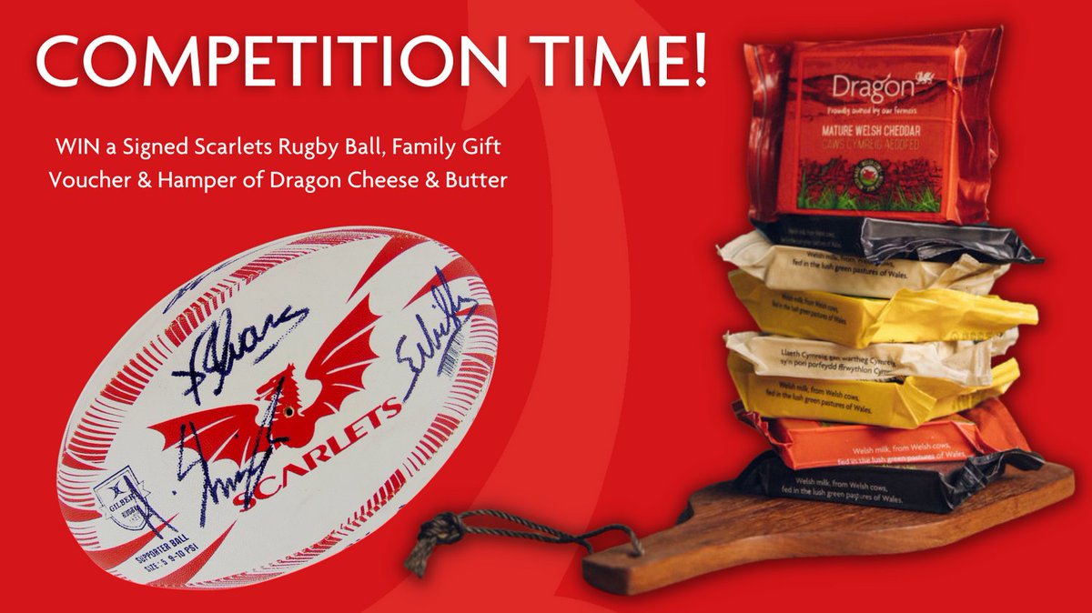 DragonDairy's tweet photo. To celebrate joining the @Scarlets_Rugby family, we’re giving away a signed rugby ball, gift voucher &amp; hamper of Dragon produce!

To enter head over to our Facebook page for full details. 

#scarlets #dragon #competition #rugbyball #cheesehamper #milkedinwales #madeinwales https://t.co/pvrjzklIuf
