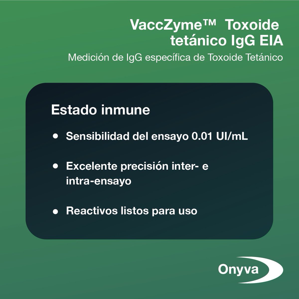 OnyvaSRL's tweet photo. #Onyva les acerca el #Kit #VaccZyme™ #EIA para la medición de #IgG específica de #ToxoideTetánico
Sabias que la respuesta vacunal se mide con una muestra sérica justo antes de la vacunación y una segunda muestra 3-4 semanas después de la vacunación? https://t.co/sr9QkaKgdS