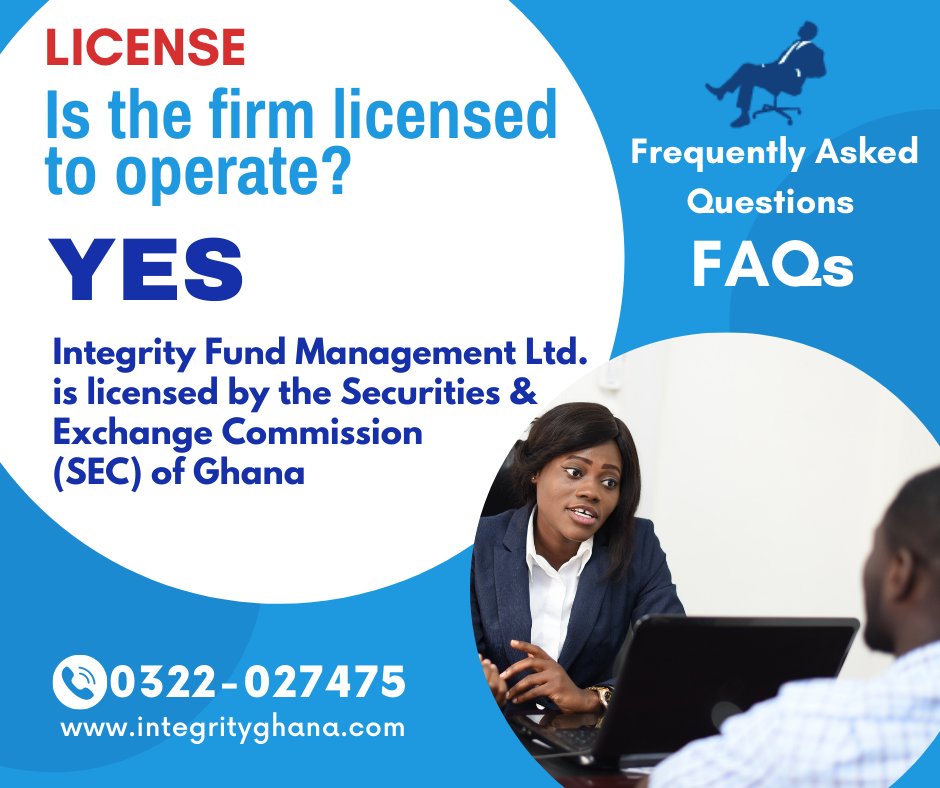 integrityFundMg's tweet image. #Frequently_Asked_Questions (#FAQ) 

#LICENSE

Is Integrity Fund Management Ltd. licensed to operate as a Fund Management  firm? 

YES, by Securities and Exchange Commission of Ghana (SEC)

VISIT: integrityghana.com

#IntegrityFundManagement #Investment #IntegrityGhana