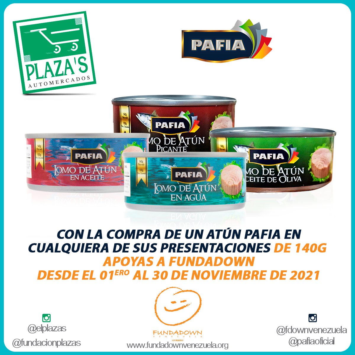 elplazas's tweet photo. 🙌🏻Te invitamos a ser parte de este #Aporte…Con la compra de un atún Pafia en cualquiera de sus presentaciones de 140g. #apoyas a fundadown desde el  01ero hasta el 30 de noviembre 2021

@fdownvenezuela
@fundacionplazas
@pafiaoficial
@elplazas https://t.co/Mt57urwxgx