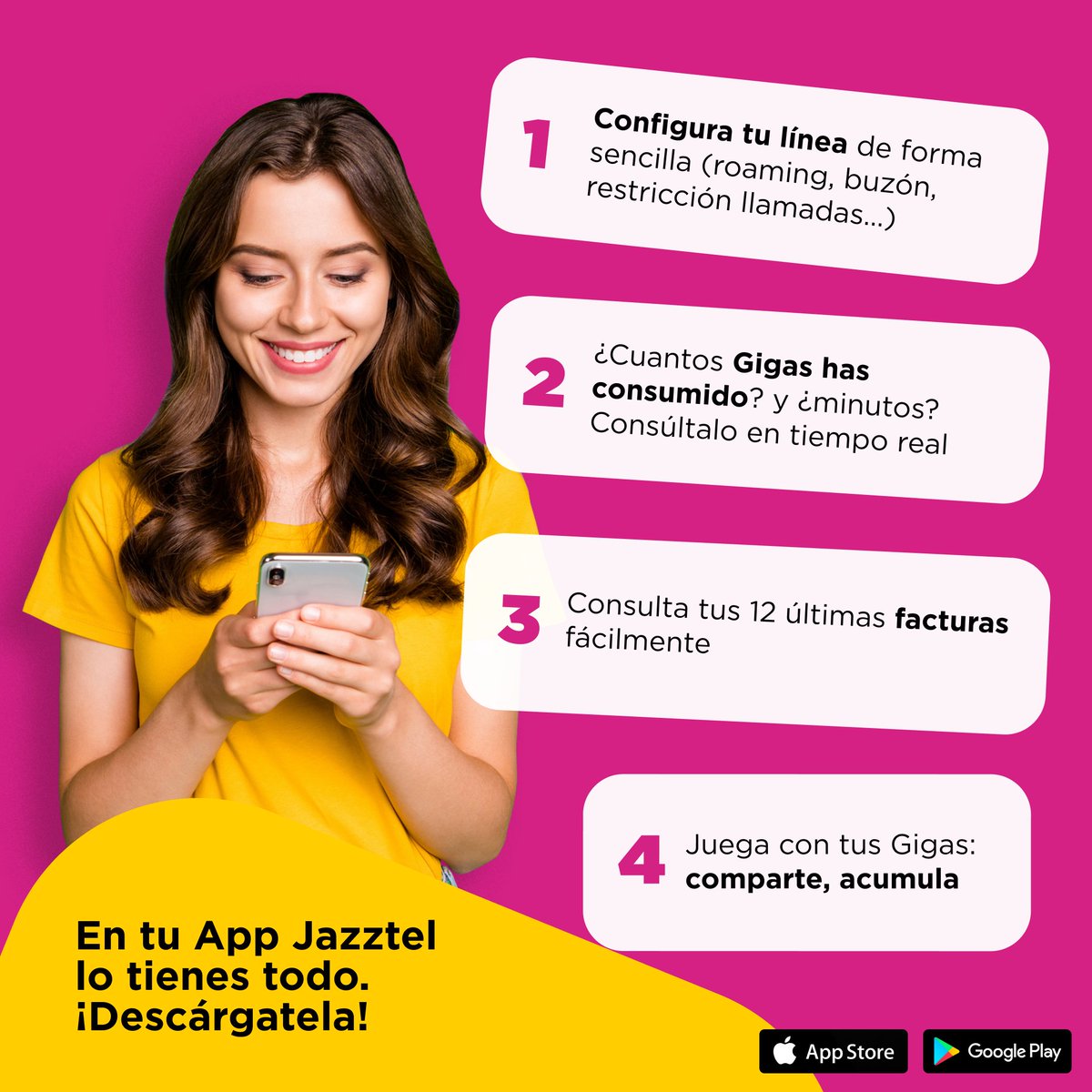jazztel_es's tweet photo. En tu App Jazztel lo tienes todo:
1. Configura tu línea.
2. Controla tu consumo.
3. Consulta tus facturas.
4. Comparte y acumula tus gigas.
📲 Descárgala ya -> https://t.co/gd9d5oWtVS
#comunidadjazztel #appjazztel #configurar #app #línea https://t.co/JGStZ4WYeb