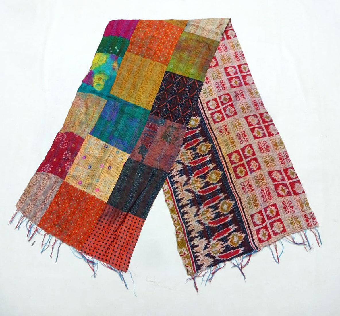 Handmade patchwork Silk Kantha Scarf Head Wrap Stole Dupatta Stitched Embroidered Scarf Veil Boho KM28