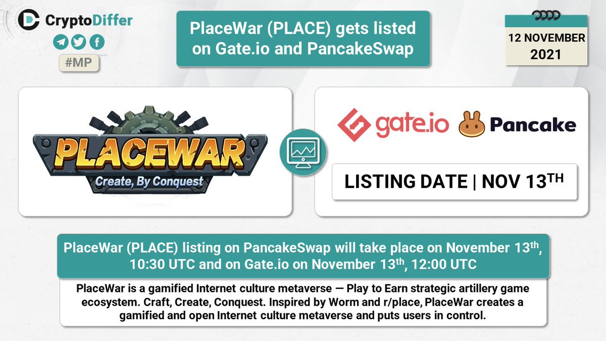 ❗️@PlaceWar_Game $PLACE gets listed on <a href="/Gate_io/">Gate.io</a> and <a href="/PancakeSwap/">PancakeSwap</a>

PlaceWar (PLACE) listing on PancakeSwap will take place on Nov 13th, 10:30 UTC, and on Gate on Nov 13th, 12:00 UTC.

👉 x.com/placewar_game/…