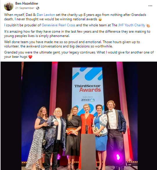 We are so grateful to founder <a href="/hazeldine_ben/">Ben Hazeldine</a> for these kind words.

Ben stepped down as a charity trustee at the end of
August - everyone at team JHF thanks him for his
vision and dedication.

#empower #inspire #JHFYoungLives