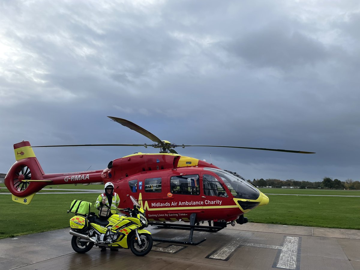 Thanks to <a href="/MidFreewheelers/">Midland Freewheelers Blood Bikes</a> this morning for keeping us supplied with blood👍. They deliver medical products to the NHS in all weather 24/7. This gives the <a href="/OFFICIALWMAS/">West Midlands Ambulance Service #HelpUsHelpYou</a> and <a href="/MAA_Charity/">Midlands Air Ambulance Charity 🚁</a> Critical Care  Teams the ability to provide blood at the scene of an incident.