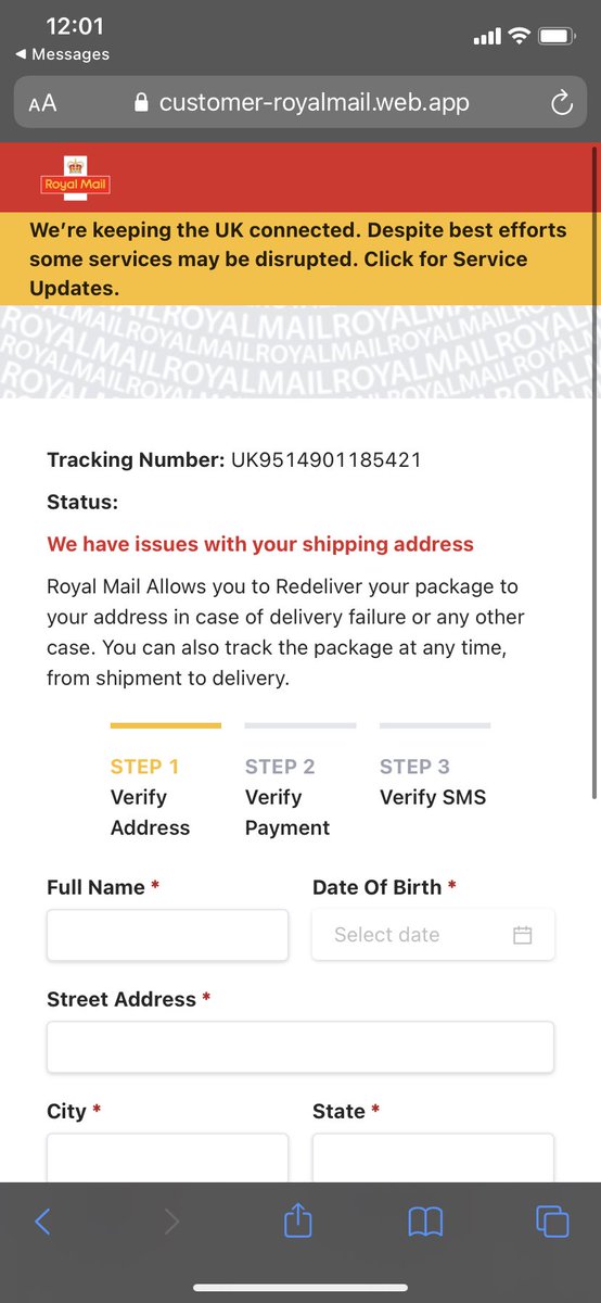 lhm8's tweet photo. This Royal Mail scam is very hard to discern, the URL in the text seems legit but once you click through to the site none of the links in the footer work which is a sure fire give away. And the supposed tracking number doesn’t exist in the Royal Mail online tracker
#royalmailscam https://t.co/fV9yApf6dD