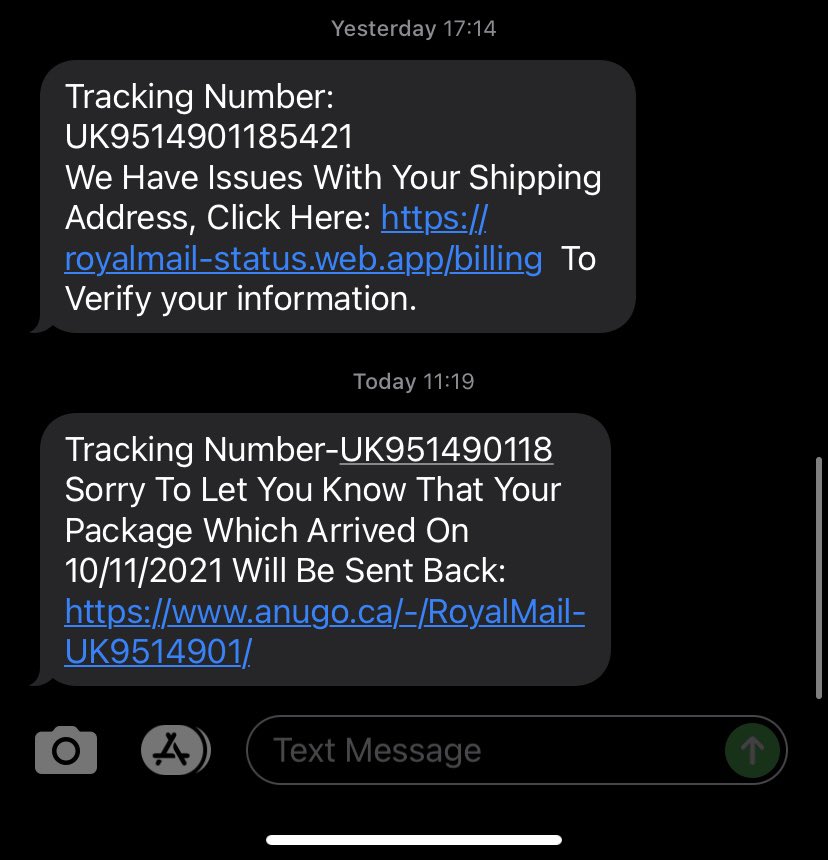 lhm8's tweet photo. This Royal Mail scam is very hard to discern, the URL in the text seems legit but once you click through to the site none of the links in the footer work which is a sure fire give away. And the supposed tracking number doesn’t exist in the Royal Mail online tracker
#royalmailscam https://t.co/fV9yApf6dD
