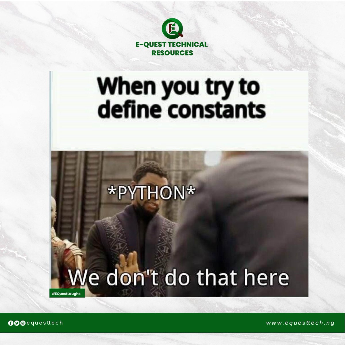 equesttech's tweet photo. We're Dynamic, so we don't do that here
π
#EQuestLaughs#techmemes #tech #memes #meme #technology #techmeme #windows #python #pythonmemes #funnypython #programmingmemes #programming #programmer #technews #coding #computerscience #techies #hacking #windowsmemes #memesdaily https://t.co/KfgY2TSsql