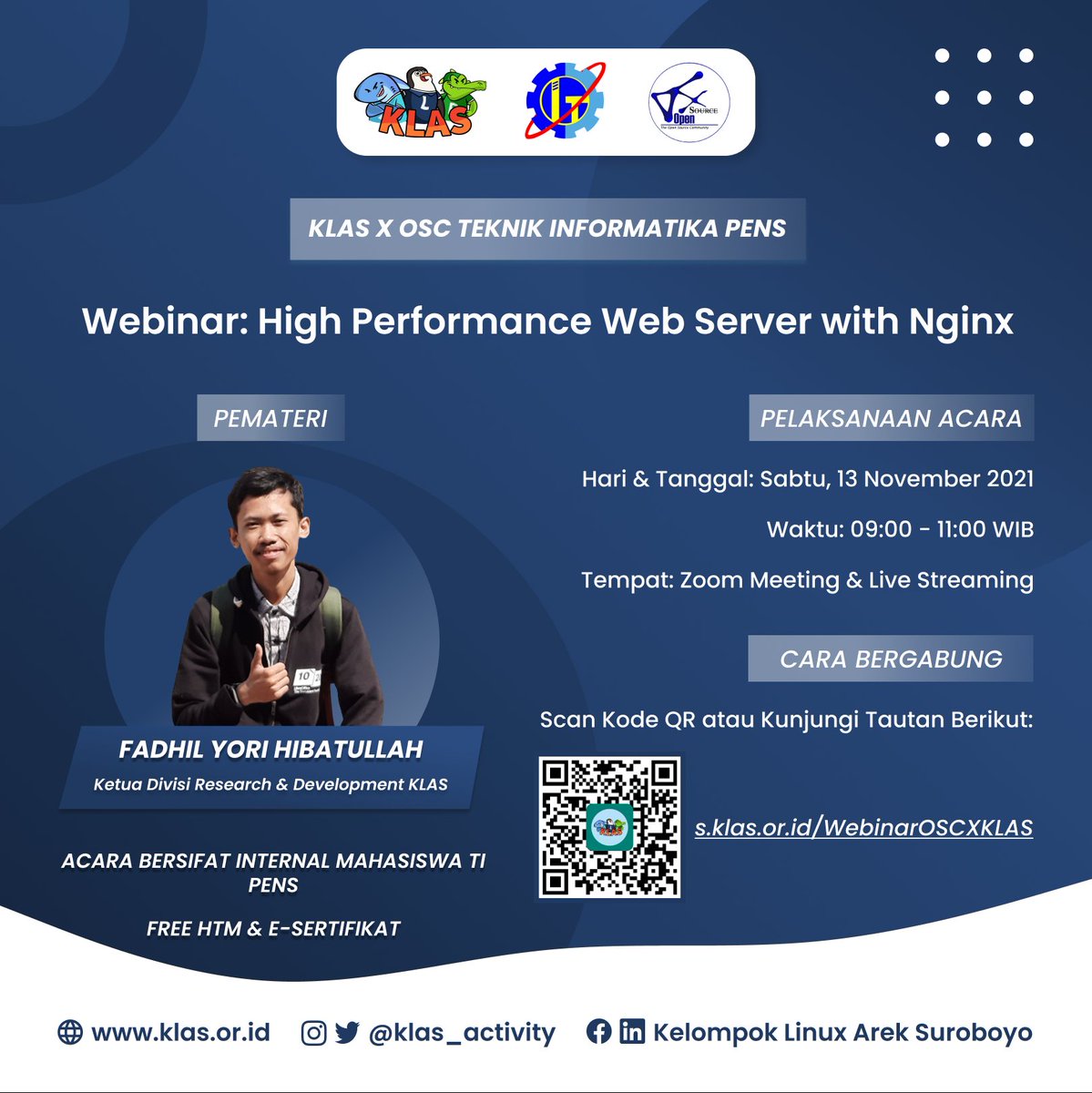 Mimin kasih info nih buat temen-temen yang bingung di hari sabtu pagi mau ngapain. KLAS bakalan ada Cangkrukan yang berkolaborasi dengan OSC IT PENS dengan pemateri cak <a href="/fadhilyori/">fadhilyori</a> . Sampai bertemu hari sabtu ya :) 
s.klas.or.id/WebinarOSCXKLAS
