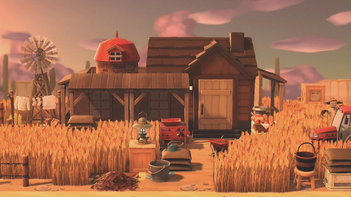 An image of a farm created in Animal Crossing: New Horizons by @acnhfashion.