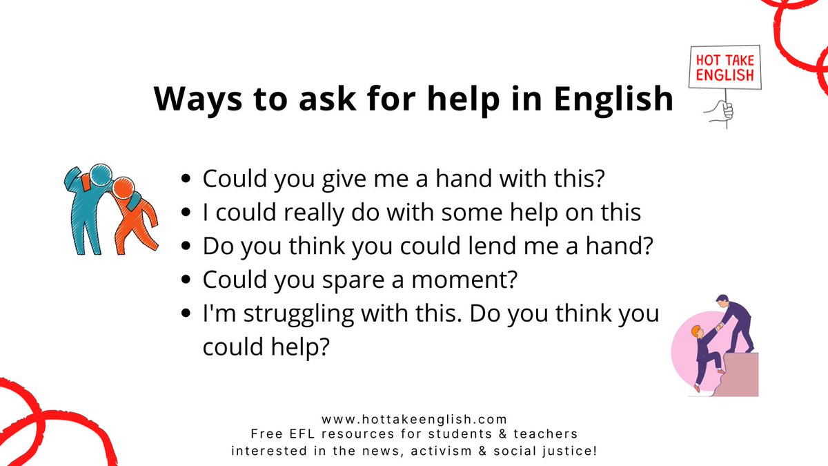 Here are some alternative ways of asking for help in English.

Can you think of any more?

#learnenglish #englishvocabulary #aprenderinglês #aprenderingles #englischvokabeln #idioms #englishidioms #tefl #efl #esl #englishteacher #vocabularioingles