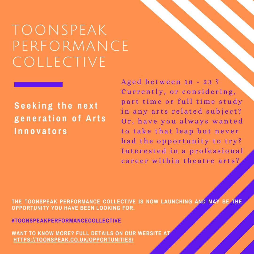 Toonspeak's tweet photo. Launching now! 📣 Toonspeak Performance Collective 

Aged 18-23? Currently studying or considering study in the arts?

Head to the opportunities page on our website for more details https://t.co/Sh3fCMDvNQ

#performancecollective #toonspeakperformancecollective #theatre #arts https://t.co/C7AjD81vSE