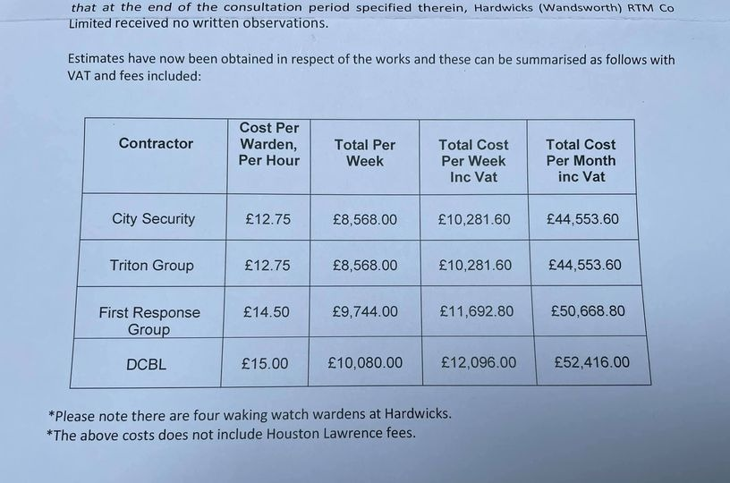 Extortionate quotes just in for useless Waking Watch, EXCLUDING (!) extortionate, useless, managing agent fees. No timescale for fire alarm, no timescale for remediation. No end in sight - @michaelgove WHEN will you help? #claddingscandal @EOCS_Official @LondonCAG