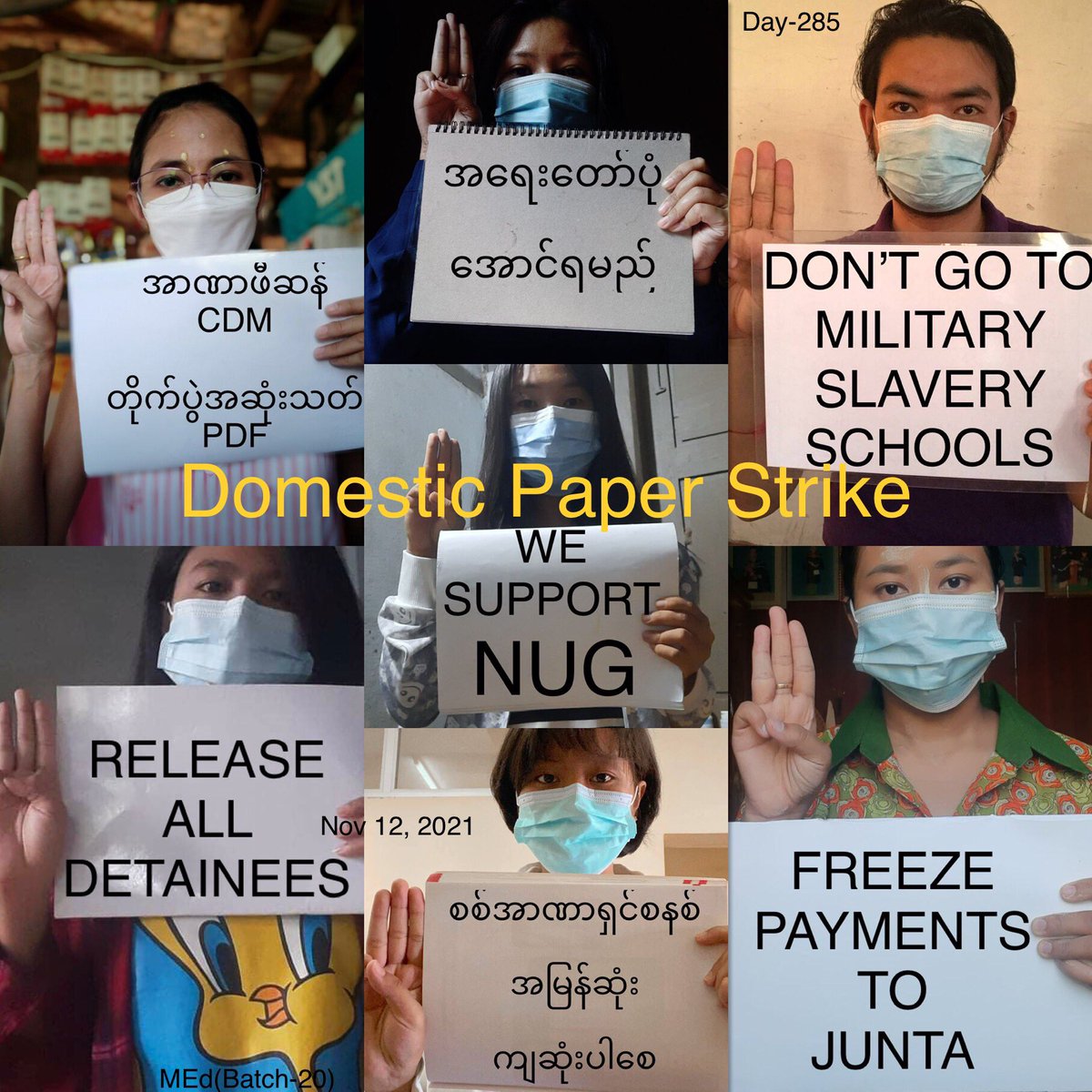 LEO117728's tweet photo. Pro-democracy 7 #CDMer teachers (MEd, Batch-20) from Sagaing University of Education staged an anti-coup domestic strike as 285th without a day off. 

#Nov12Coup 
#WarCrimesOfJunta #WhatsHappeningInMyanmar https://t.co/0iX4MzEIBV