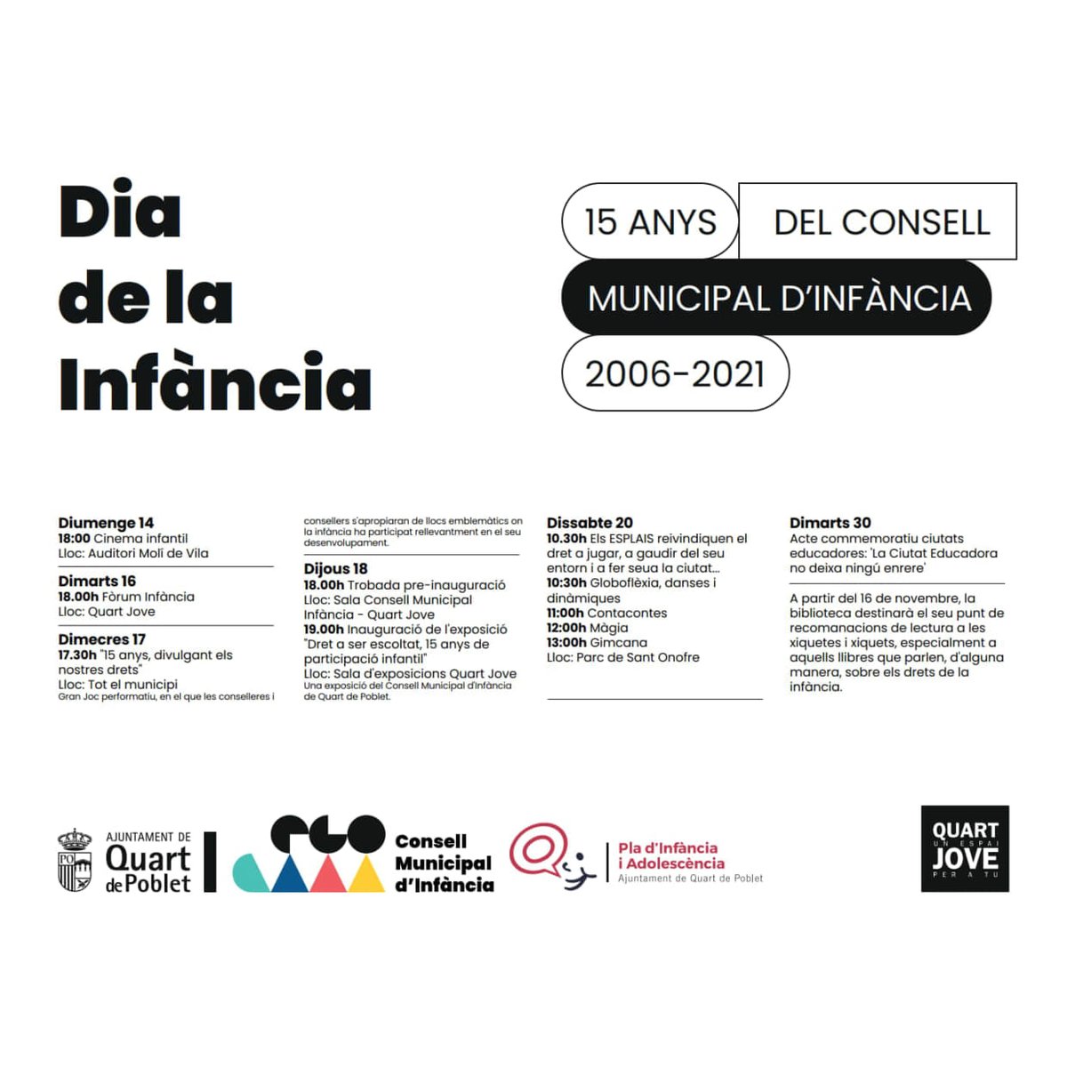 cmi__quart's tweet photo. Cumplimos 15 años y lo celebramos en torno al 20 de noviembre, día en que se conmemora la Declaración de los Derechos de la Infancia. Diferentes áreas y entidades locales han organizado actividades a lo largo de la semana. Consulta la programación: https://t.co/LLeQ5056cF https://t.co/ha0vsjTSAI