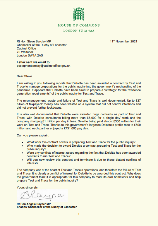 Deloitte consultants were paid £6,000 a day and the company charged the taxpayer £1 million per day in fees for their work on failed Test and Trace.

Now Ministers have given Deloitte another contract preparing the "strategy" for the public inquiry. Cancel this contract now.