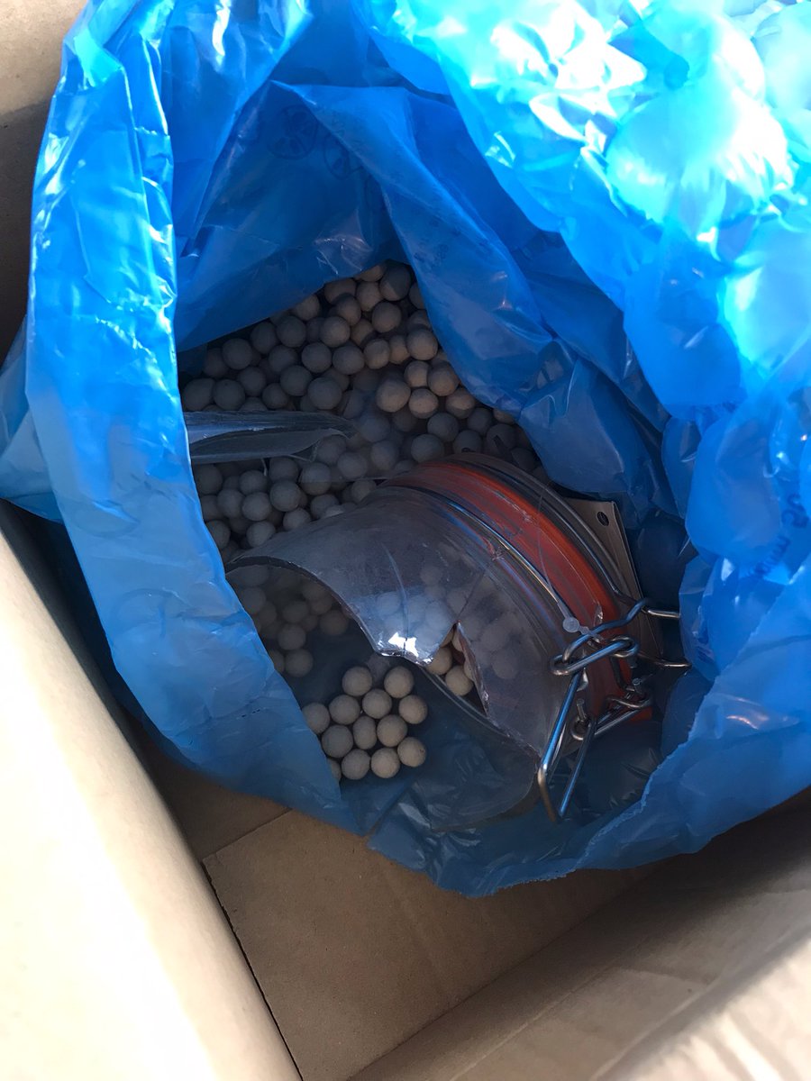reaching_for_a's tweet photo. @JohnLewisRetail hi I ordered some ceramic balls in a glass jar, they arrived this morning and look like someone has played football with the box? The glass jar is shattered, how do I go about getting a replacement sent? Thanks https://t.co/snBWHAMYzp