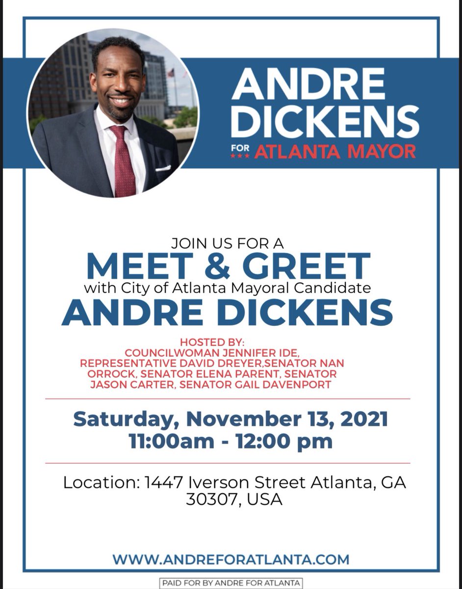 Come meet <a href="/andreforatlanta/">Andre Dickens</a> and hear why he should be our next #mayor of #Atlanta. <a href="/SenatorCarter/">Jason Carter</a> <a href="/elenaparent/">Elena Parent</a> <a href="/SenNanOrrock/">Nan Orrock</a> <a href="/ddreyer/">David Dreyer</a> #gapol #ATL