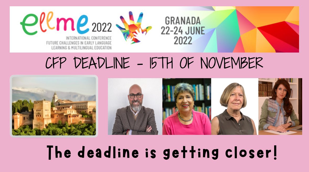 TICK, TOCK, TICK, TOCK…
🔊THE CFP DEADLINE IS GETTING CLOSER… NOVEMBER 15TH, 2021
We are looking forward to sharing this experience with all of you. Don’t miss this opportunity!
#ELLME2022 #InternationalConference #UniversityofGranada #UGR #EECERA #AILAELLREN
#GranadaSpain