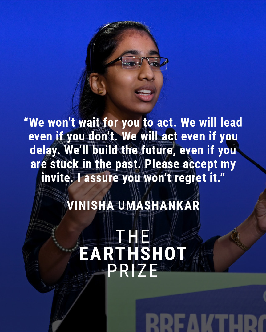 EarthshotPrize's tweet photo. On the last day of #COP26, 15-year-old #EarthshotPrize Finalist Vinisha Umashankar’s words to the World Leaders Summit feel even more powerful 👏

Watch her full speech from Glasgow last week: https://t.co/XXMzr5UlYG https://t.co/QohkUA0nV9