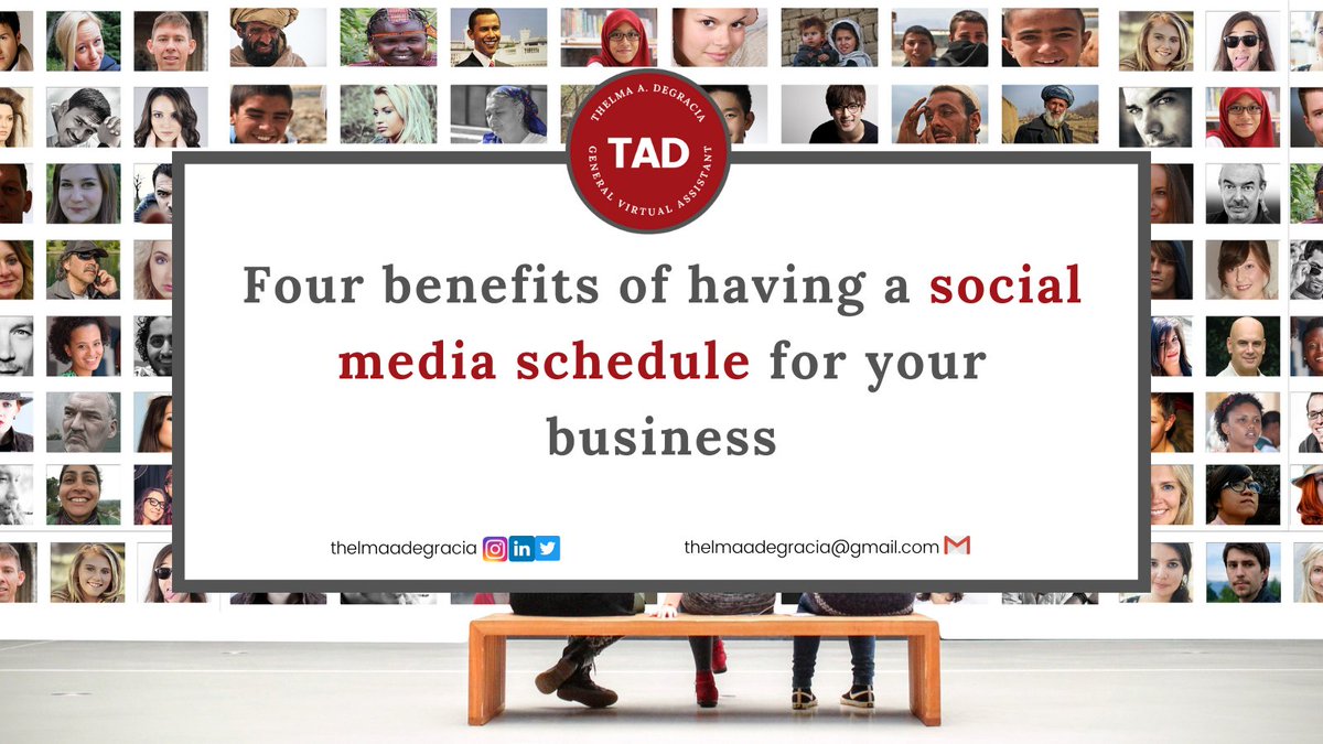 ThelmaVirtual1's tweet image. 4 benefits of having a social media posting schedule

👍Scheduling social media post saves your time
👍You can post content any time of the day
👍You can manage multiple social media accounts
👍Consistent messaging

#virtualassistant
#socialmediamanagement