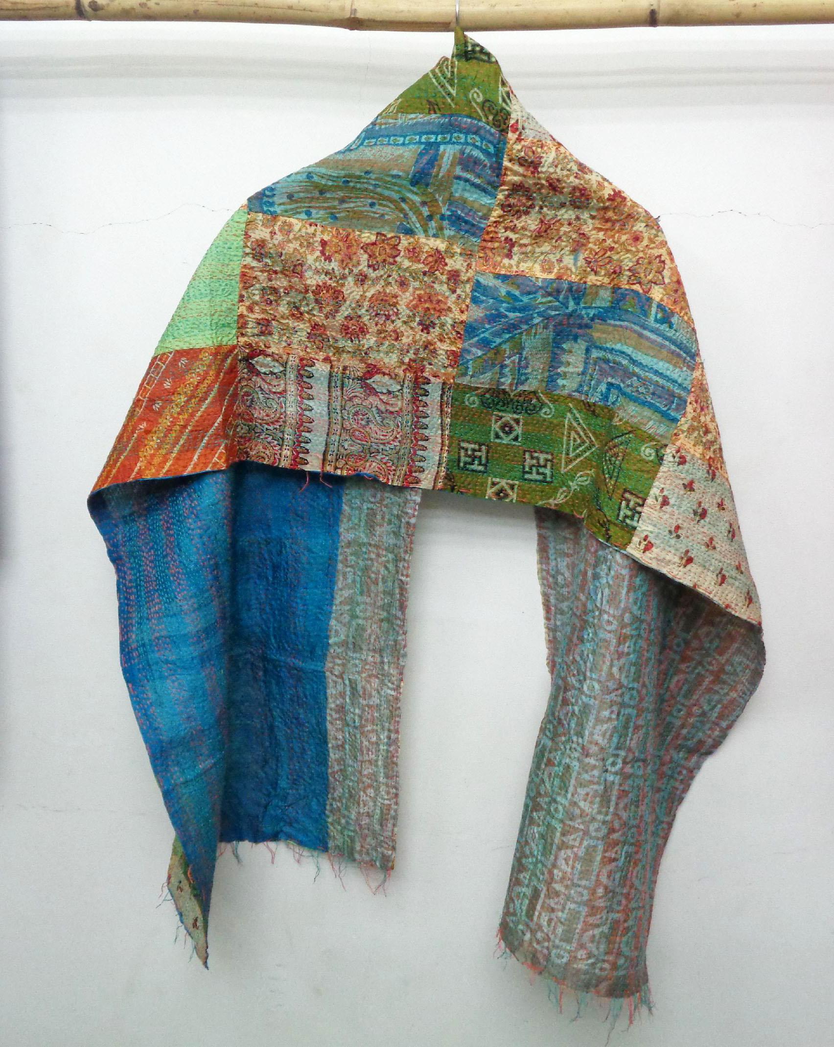 Silk Kantha Scarf Neck Wrap Stole Dupatta Hand Quilted Women Scarves Reversible KP05