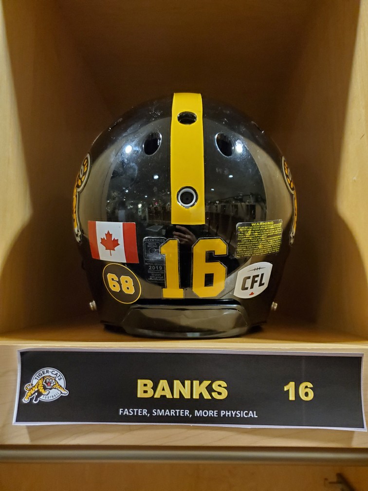 Ticats's tweet photo. Starting tonight and for the remainder of the season, we will be wearing a '68' decal on our helmets in honour of Angelo Mosca.
#Ticats | #CFL | #RememberingMosca https://t.co/GIXjpt6T3n