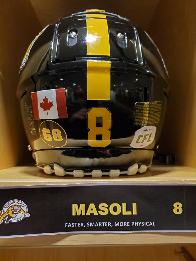 Ticats's tweet photo. Starting tonight and for the remainder of the season, we will be wearing a '68' decal on our helmets in honour of Angelo Mosca.
#Ticats | #CFL | #RememberingMosca https://t.co/GIXjpt6T3n