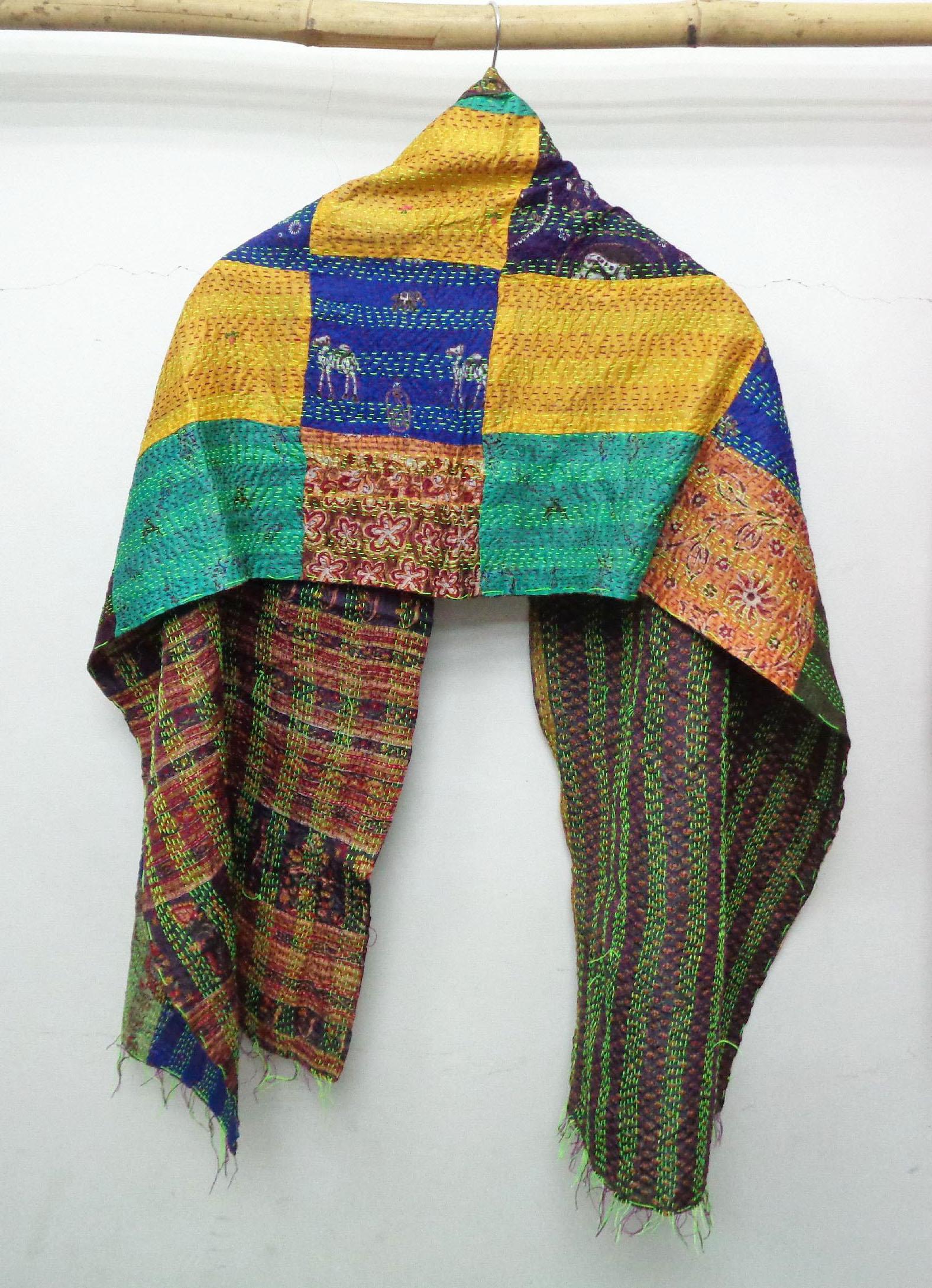 Handmade patchwork Silk Kantha Scarf Head Wrap Stole veil Hijab Scarves Reversible Sew KP07