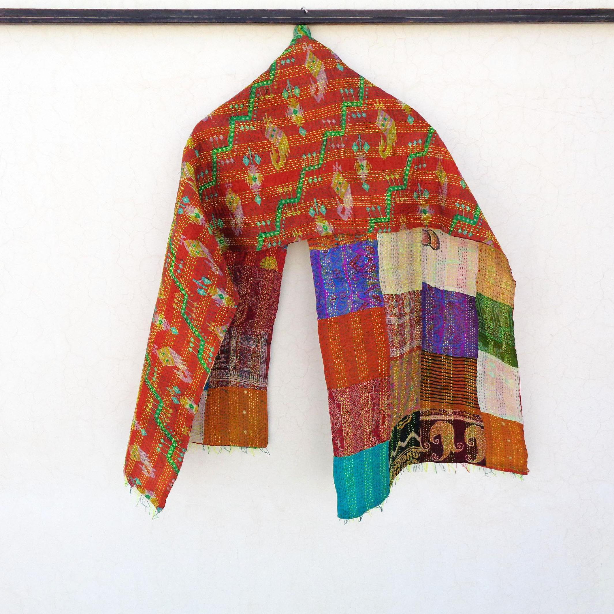 Handmade patchwork Silk Kantha Scarf Head Wrap Stole Dupatta Hand Quilted Women Shawl KP16