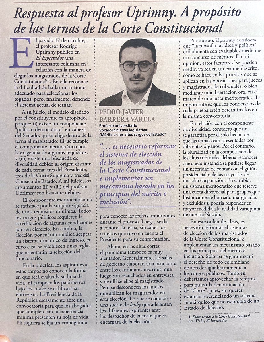 MCristanchoA's tweet photo. Interesante columna de @pjbarrera26 en @Ambitojuridico , en la que expone algunos comentarios sobre mérito y diversidad en la elección de magistrados de la @CConstitucional , a propósito de una columna de opinión del profesor @RodrigoUprimny https://t.co/KHBK1hXzLh