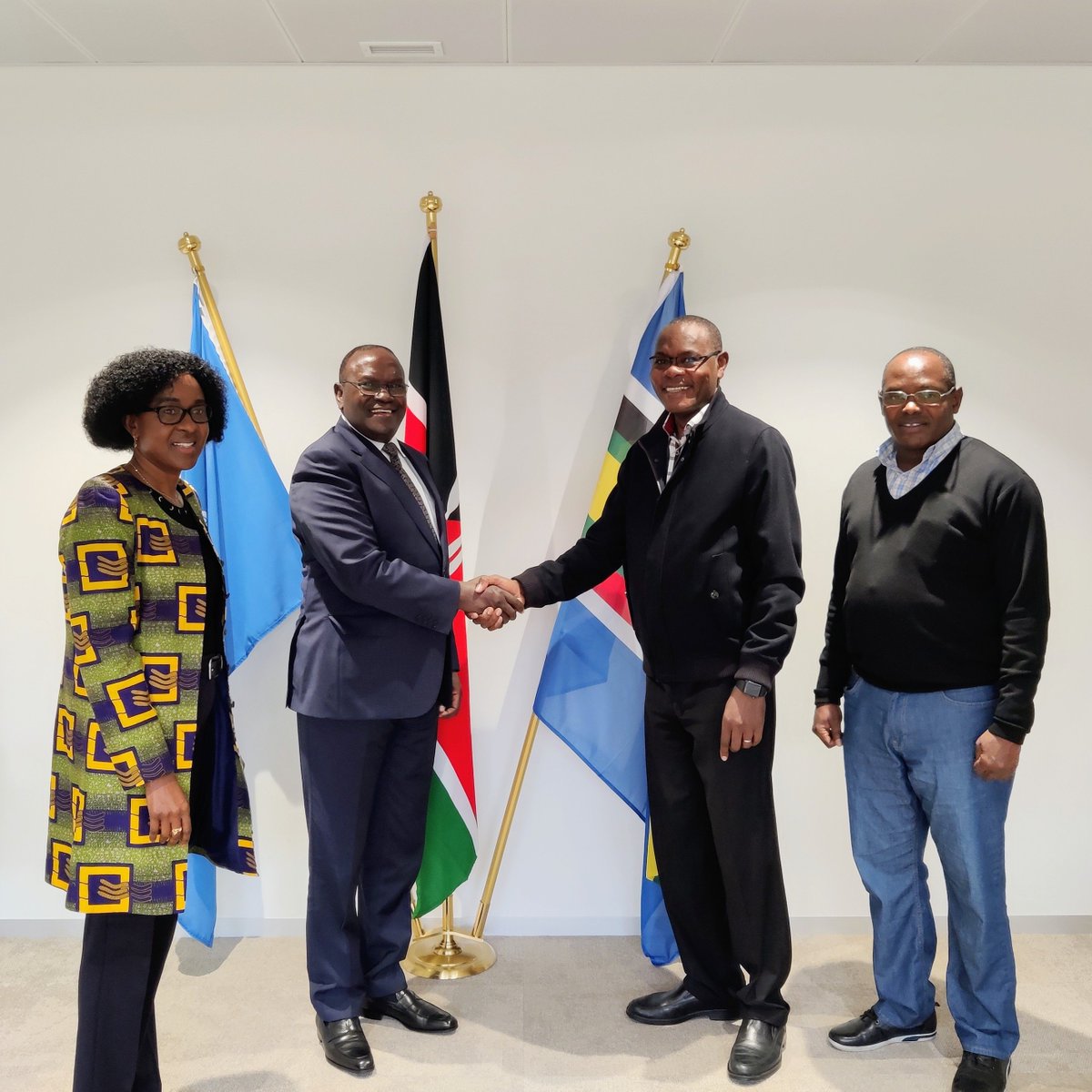 KenyaMissionUNG's tweet photo. H.E Amb. Mailu this morning congratulated Dr. Allan Azegele upon his election as Vice-Chairperson of the FAO/WHO Codex Alimentarius Commission on food safety and quality standards #CodexCAC44 @FAOWHOCodex @ForeignOfficeKE @KEBS_ke https://t.co/JmAss5UyR0