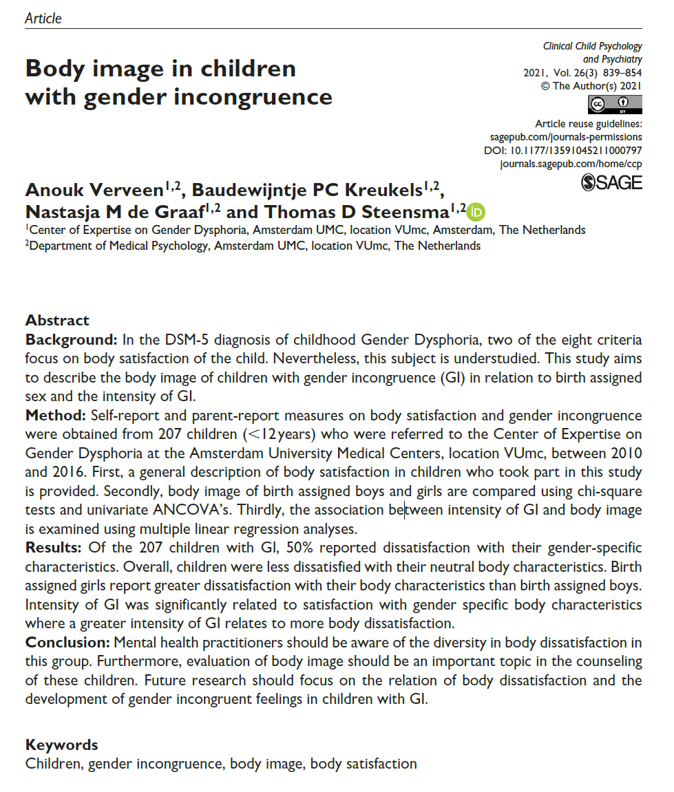 CCPPJournal's tweet photo. Body image in children with gender incongruence.

Article written by @AnoukVerveen, Kreukels, de Graaf &amp; Steensma from Centre of Expertise on Gender Dysphoria and Department of Medical Psychology at @amsterdamumc. Read article here: https://t.co/TDpaWdR90d https://t.co/dPf9KXd8SU