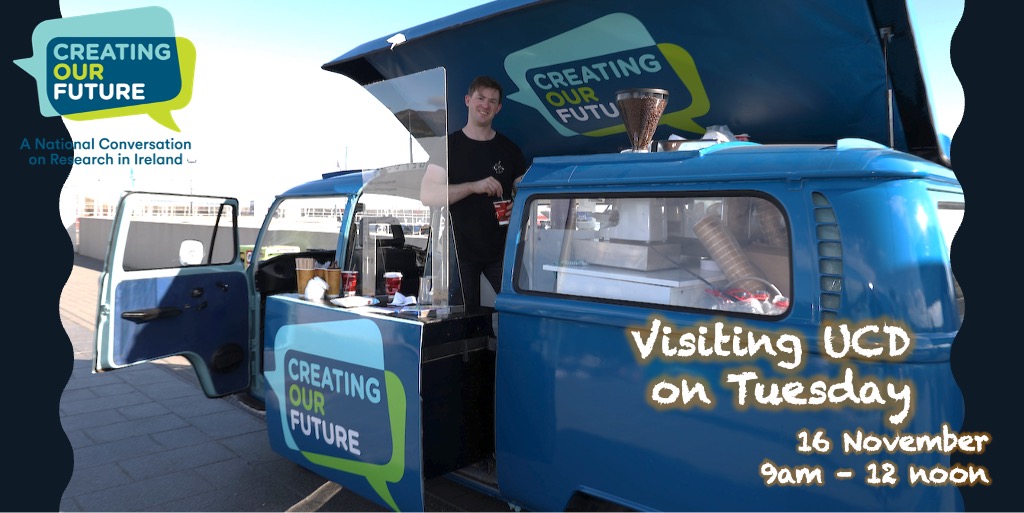 UCD_Research's tweet image. What opportunities or challenges should researchers in Ireland be working on? Come on down to the UCD Research building next Tuesday morning for a cuppa at the #CreatingOurFuture coffee truck and share your big ideas! Find out more creatingourfuture.ie @DeptofFHed @scienceirel