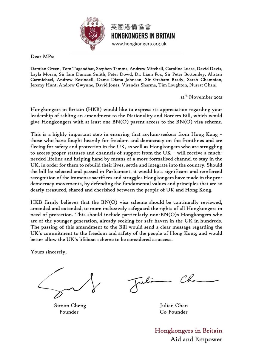 HongkongersUK's tweet photo. The passing of this amendment to the Bill would send a message regarding the UK’s commitment to the freedom and safety of the people of Hong Kong, and would allow the lifeboat scheme to be considered a success. Pls talk to your MP. @DamianGreen @MPlainDS @TomTugendhat @JeremyHunt https://t.co/H4TcihvYx4