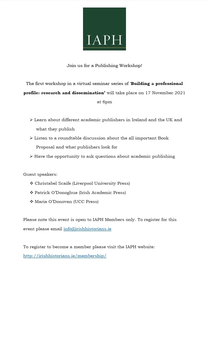 Irish Association of Professional Historians/@iaph (@iaphistorians) on Twitter photo #twitterstorians Reminder: to register for our Publishing Workshop Next Weds 17 November - the first in our series on research and dissemination. Speakers: Christabel Scaife <a href="/xabelsc/">Christabel Scaife</a> Maria O'Donovan <a href="/CorkUP/">CorkUniversityPress</a> & Patrick O'Donoghue <a href="/patch53/">Patrick O'Donoghue</a> <a href="/IAPbooks/">Irish Academic Press</a> irishhistorians.ie/2021/11/buildi… #twitterstorians Reminder: to register for our Publishing Workshop Next Weds 17 November - the first in our series on research and dissemination. Speakers: Christabel Scaife <a href="/xabelsc/">Christabel Scaife</a> Maria O'Donovan <a href="/CorkUP/">CorkUniversityPress</a> & Patrick O'Donoghue <a href="/patch53/">Patrick O'Donoghue</a> <a href="/IAPbooks/">Irish Academic Press</a> irishhistorians.ie/2021/11/buildi…
