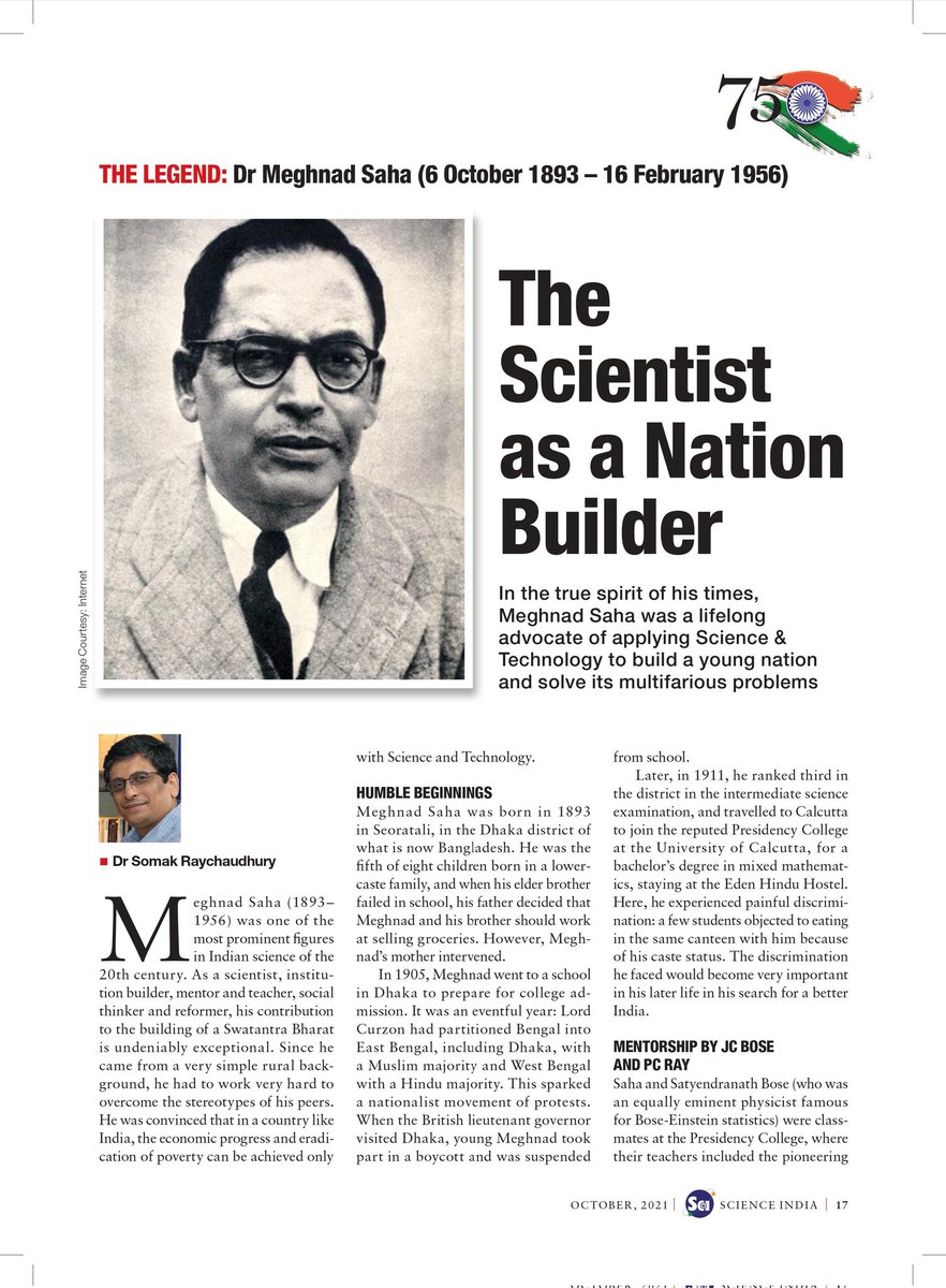 ScienceIndia_'s tweet photo. "In the true spirit of his times, Meghnad Saha was a lifelong advocate of applying S&amp;T to build a young nation and solve its multifarious problems "
Read 'The Scientist as a Nation Builder' by Dr Somak Raychaudhury @somakrc 
@IndiaDST @Vibha_India 
#ScienceForSwatantrata #SwAM75 https://t.co/r2kDkHgi4H