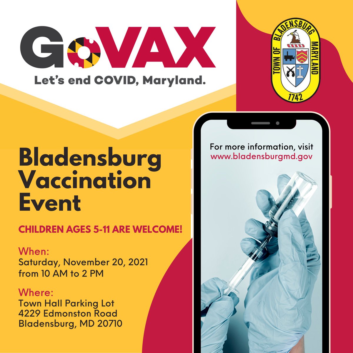 BladensburgPD's tweet photo. The Town of Bladensburg is hosting a Vaccination Event on Saturday, November 20, 2021 located at the parking lot of Bladensburg Town Hall, 4229 Edmonston Rd, Bladensburg, Maryland 20710. 
Visit our website at https://t.co/zk8dipKE6k for more information! https://t.co/Y9tozKqNo6