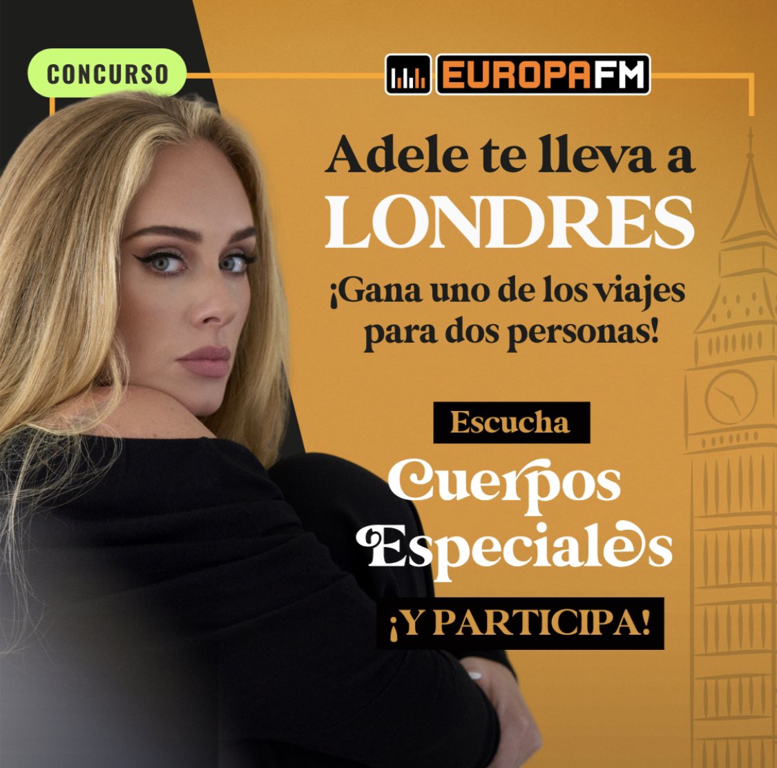 🔴 el viernes 19, coincidiendo con el lanzamiento de su disco “30”, ADELE regalará cuatro viajes a londres para dos personas en <a href="/CuerposEspecial/">Cuerpos Especiales</a> 

a partir del lunes, de 7 a 11 en <a href="/europa_fm/">Europa FM</a>, te contamos cómo conseguirlos