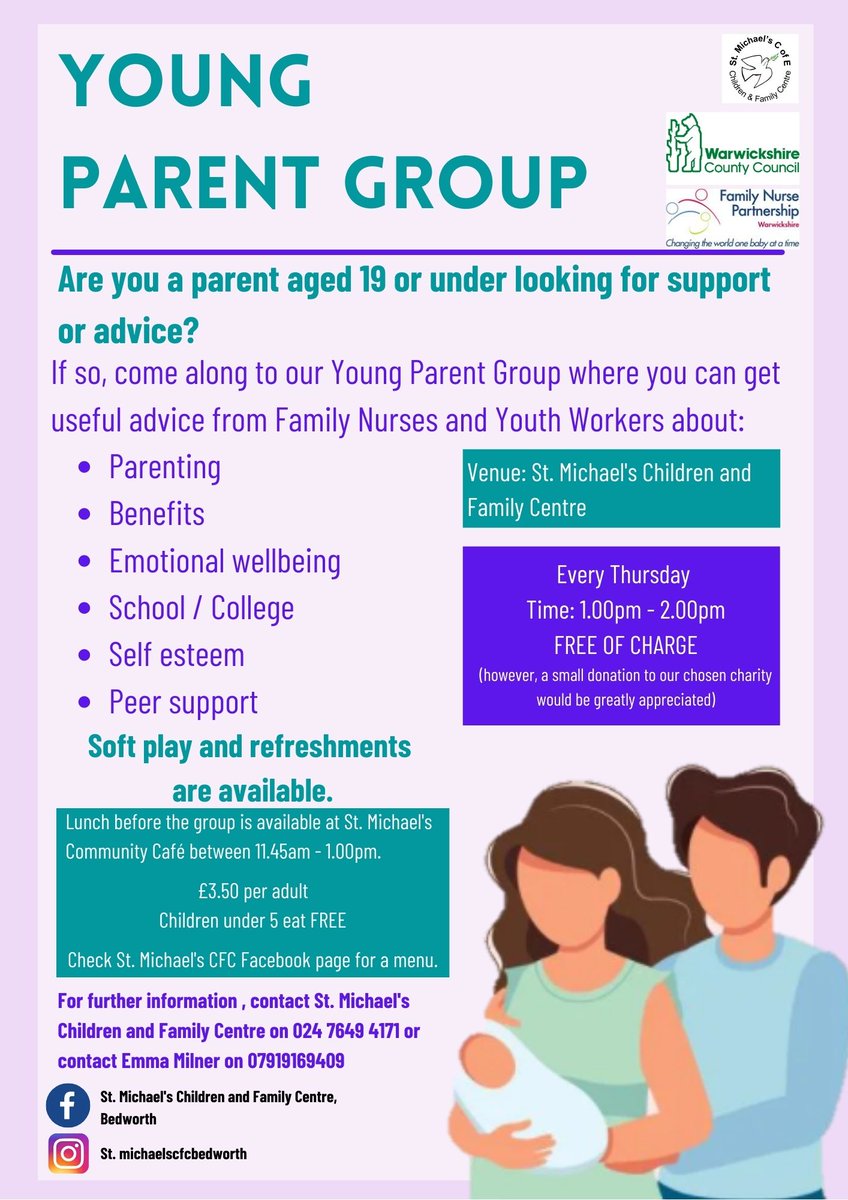 WarksFIS's tweet image. Are you a parent aged 19 or under looking for support or advice? 
If so, there is a Young Parent Group at St Michael's Children and Family Centre, every Thursday, 13.00 - 14.00 📅
For more info ⬇️
02476 494171 📞