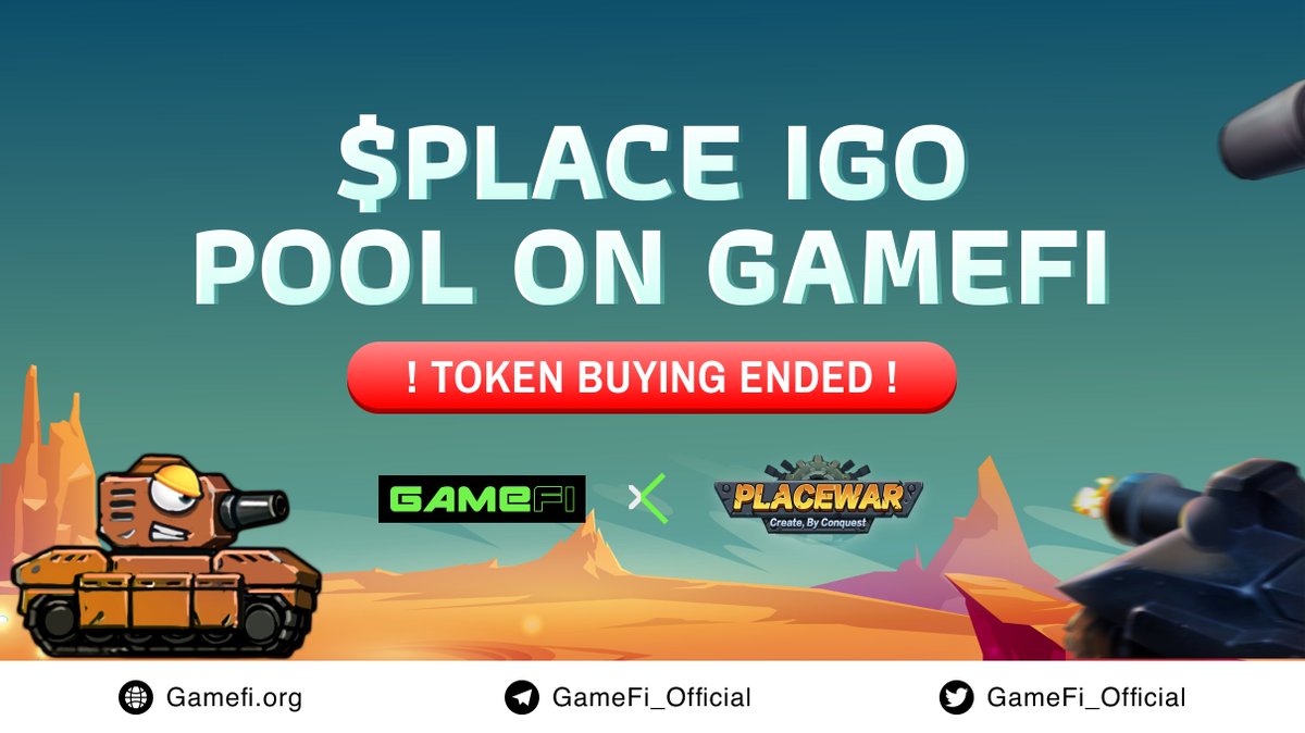 ⭕️@placewar_game $PLACE IGO Pool on #GameFi is SOLD OUT🥳

Let's review the next schedule tomorrow
👉Listing at 10:30 AM UTC, Nov 13
👉Claiming at 11:00 AM UTC, Nov 13

#GameFi $GAFI #IGameFi_GO