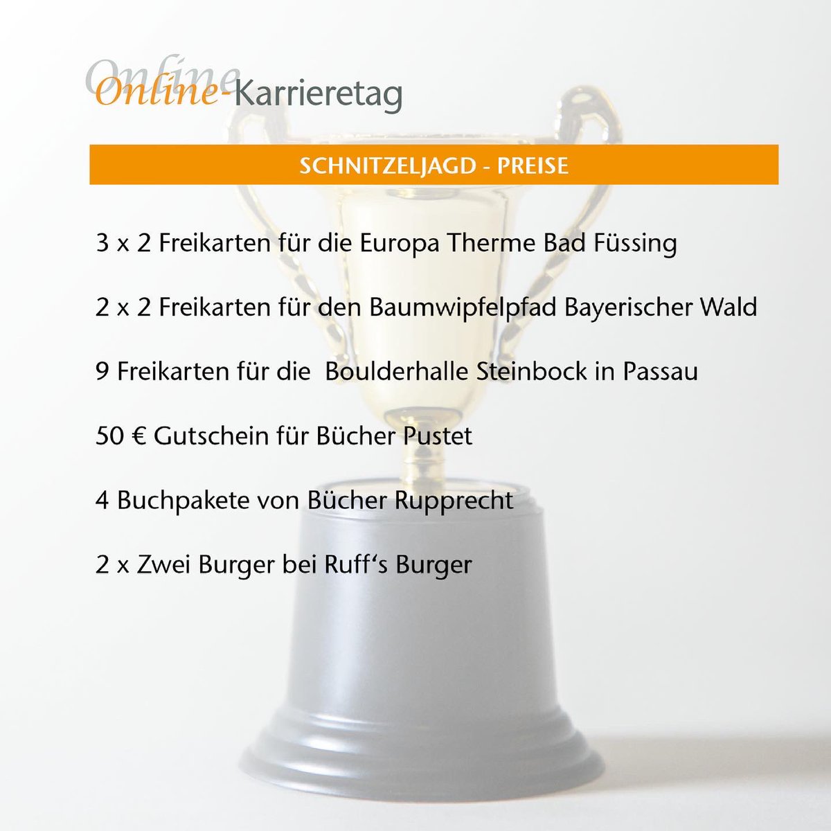Am Online-Karrieretag habt ihr dieses Jahr nicht nur die Chance, Unternehmen und Institutionen kennenzulernen, sondern könnt dabei sogar noch tolle Preise gewinnen: 
Folgt dafür bei unserer Schnitzeljagd einem Pfad über den Online-Karrieretag!
👉 uni-passau.de/zkk/cmc