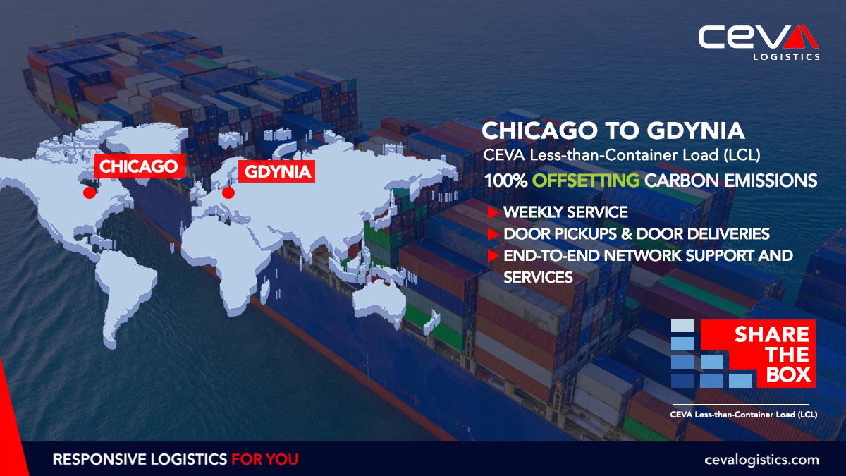 cevalogistics's tweet photo. Our new #LCL service from #Chicago to #Gdynia, combined with our comprehensive road network in the U.S., makes your shipment flow seamlessly across our fully integrated network. > https://t.co/nNQl1vEqJy
ย #CEVALogistics #LessthanContainerLoad #OceanFreight #SharetheBox https://t.co/OwkPFeIfOM