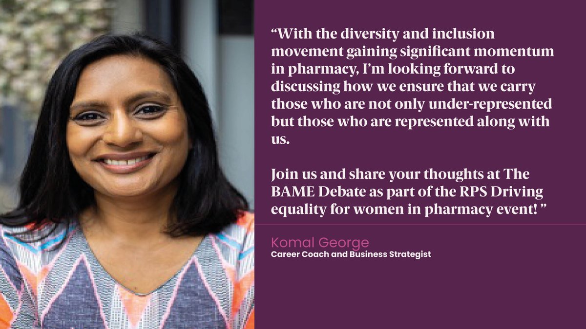 rc_pharm's tweet photo. Join @komal_george and other guest speakers at our upcoming webinar: Driving equality for women in pharmacy.
Friday 19 November | 10am - 1:30pm
Open to all - book now: https://t.co/ybrZVDOYml
#RPSIandD #RPSEvents https://t.co/kbeunreGpn